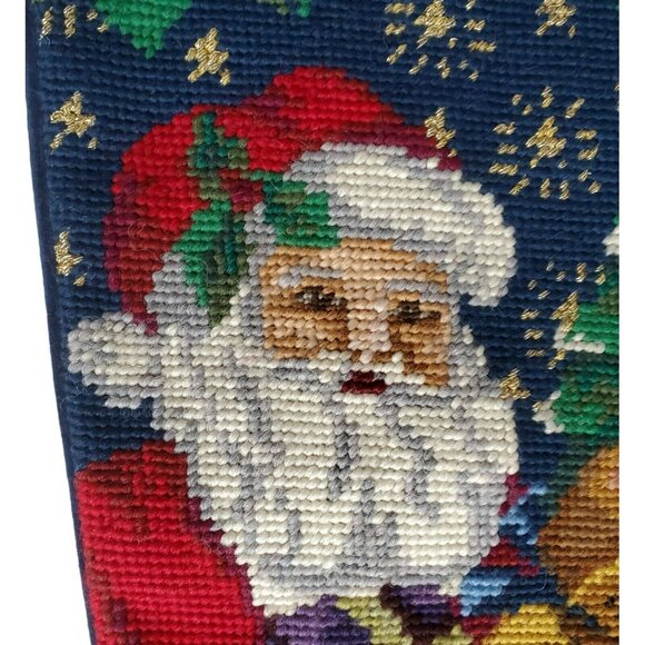 Santa Needlepoint Christmas Stocking Wool Teddy Bear Tree Holly Blue Velvet 18" - Picture 4 of 10